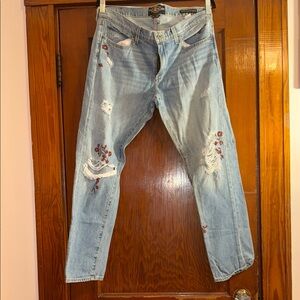 Lucky Brand Blue Sienna Slim Boyfrieb Jeans with Distressing & Floral Embroidery